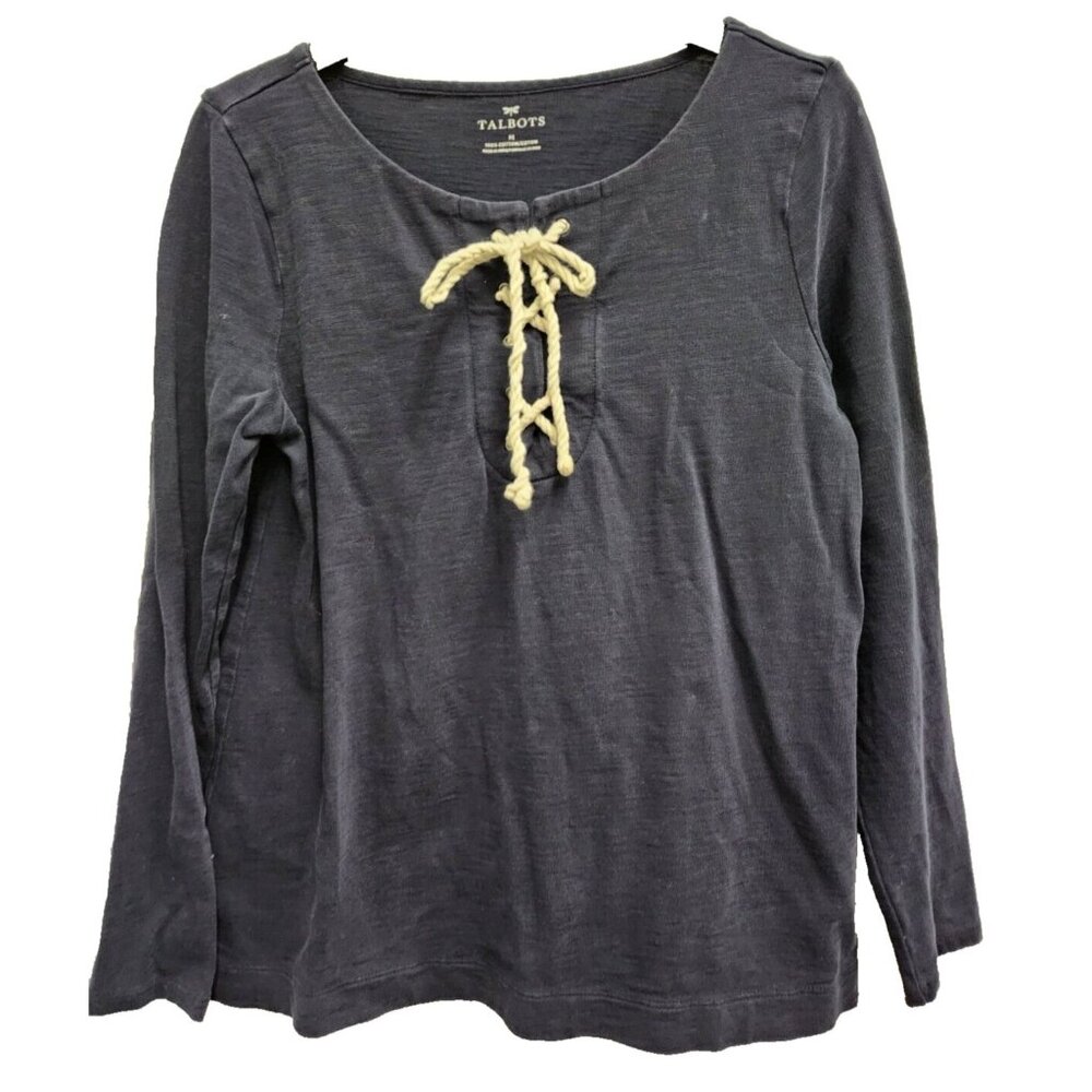 Talbots Womens Top Medium Navy Lace Up Neck Long Sleeve Casual loungewear